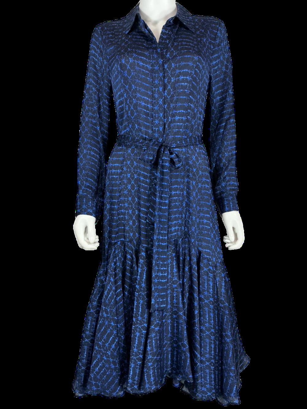 Misa Los Angeles Printed Blue Tie-Waist Midi Dress Size S
